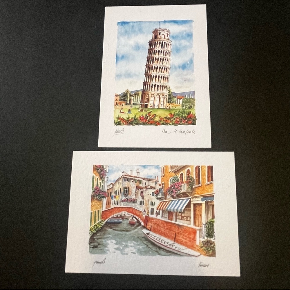 Leaning Tower of Pisa / Venezia Postcard Artist Signed Watercolor Unused Lot 2x